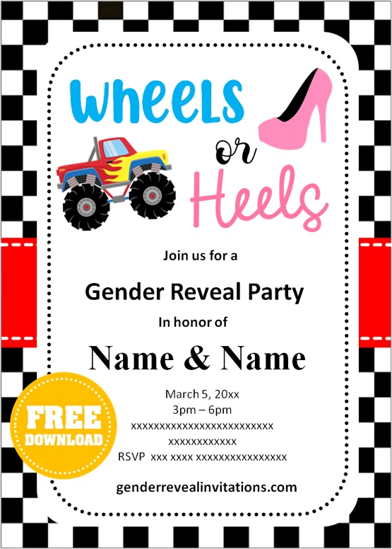wheels or heels gender reveal invitations